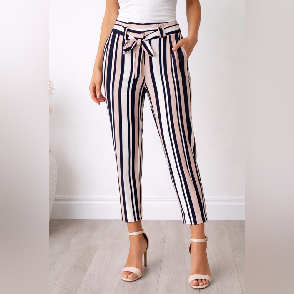 Express Striped Tie-Waist Cropped Pants in Blush and Navy